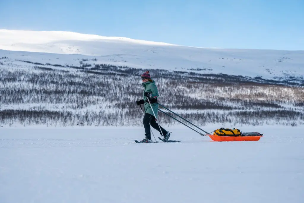 Person snowshoeing and pulling a pulka through the snowy landscape of Swedish Lapland